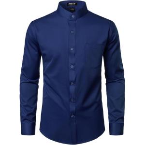 JEMITOP Mens Stretch Slim Fit Mandarin Collar Button Down Shirts Long Sleeve Collarless Dress Shirt with Pocket(Royal Blue)