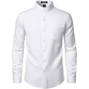 JEMITOP Mens Stretch Slim Fit Mandarin Collar Button Down Shirts Long Sleeve Collarless Dress Shirt with Pocket(White)