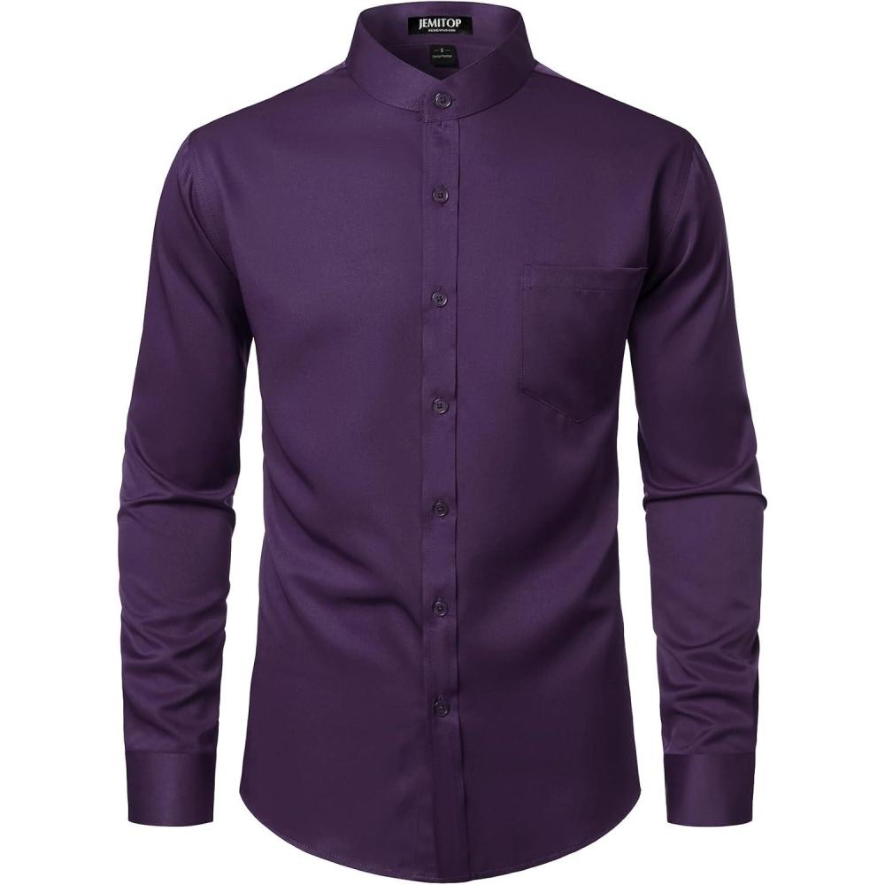 imageJEMITOP Mens Stretch Slim Fit Mandarin Collar Button Down Shirts Long Sleeve Collarless Dress Shirt with PocketPurple