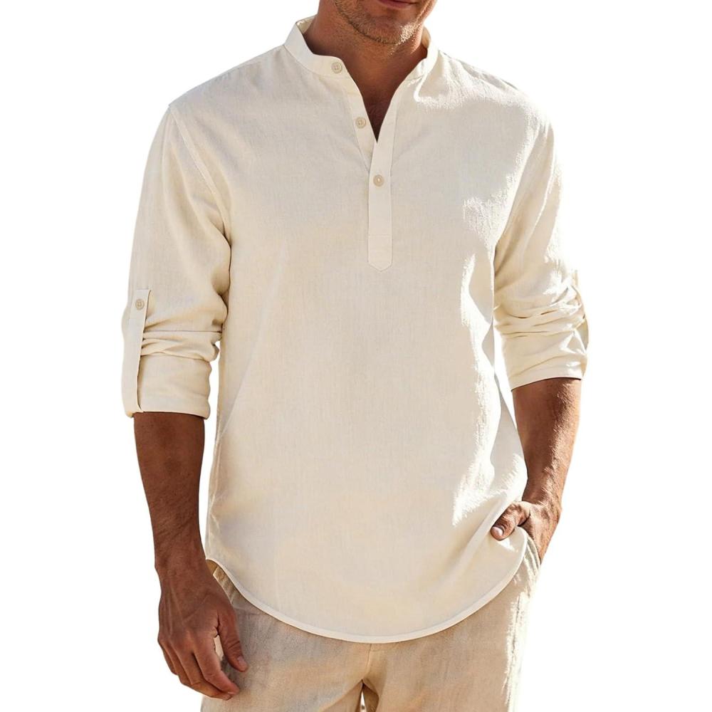 imageJEMITOP Mens Stretch LinenLike Henley Shirt Casual Long Sleeve Mandarin Collar Shirts for Summer Beach VacationBeige