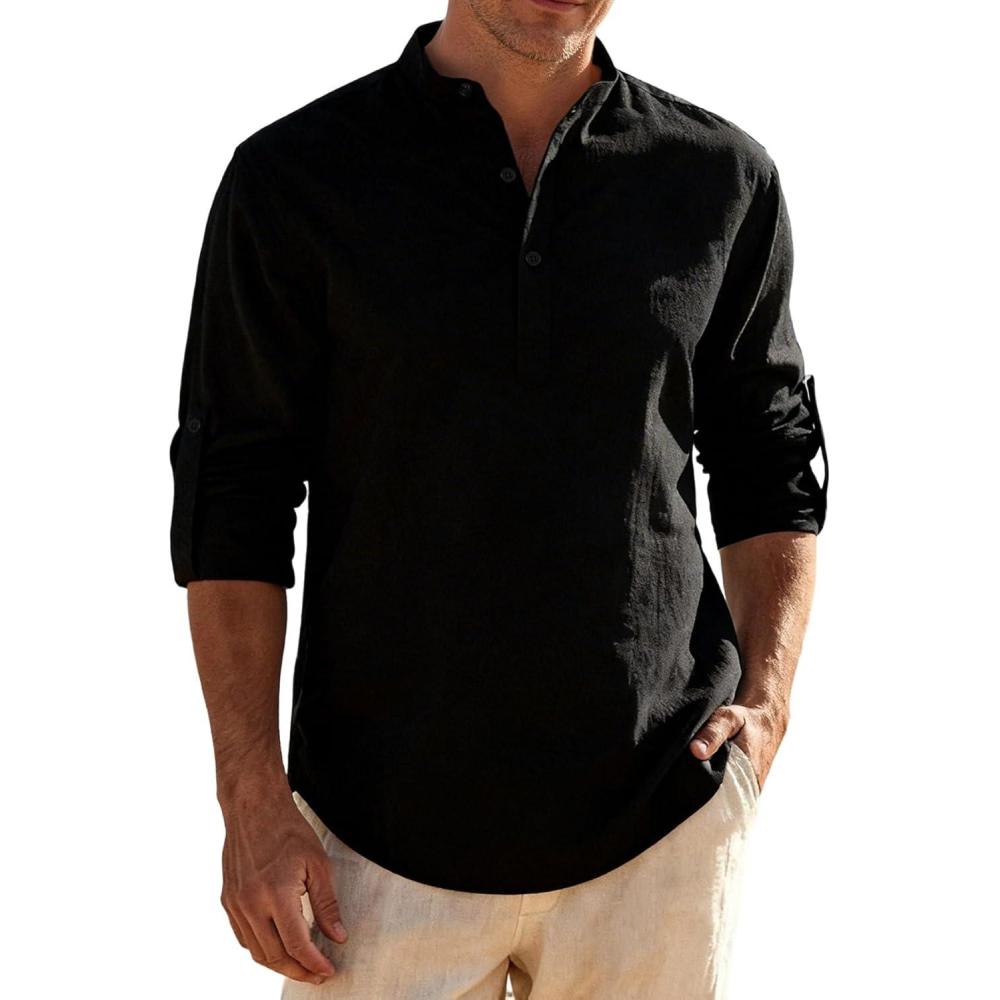 imageJEMITOP Mens Stretch LinenLike Henley Shirt Casual Long Sleeve Mandarin Collar Shirts for Summer Beach VacationBlack