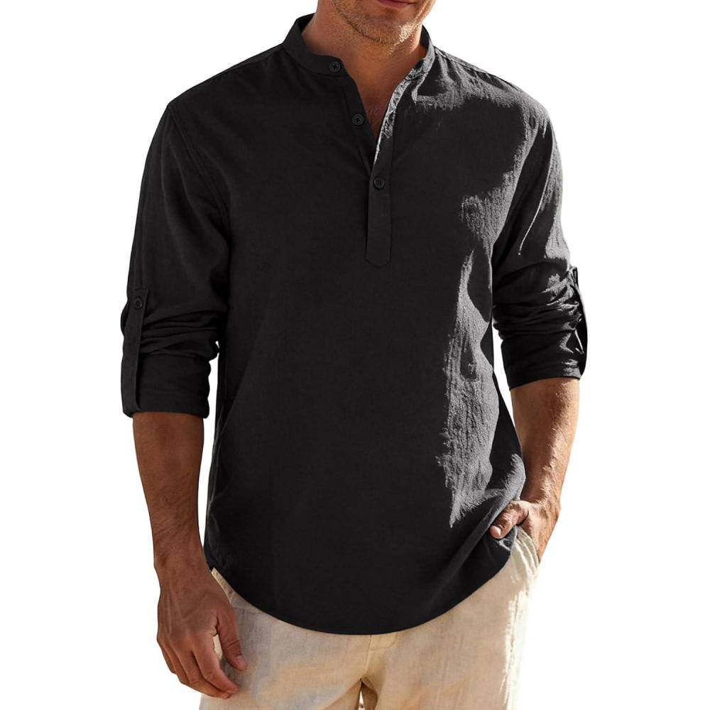 imageJEMITOP Mens Stretch LinenLike Henley Shirt Casual Long Sleeve Mandarin Collar Shirts for Summer Beach VacationDark Grey