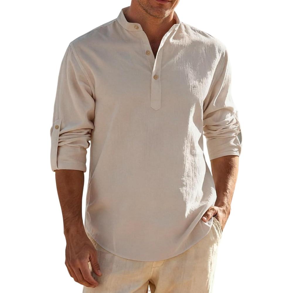imageJEMITOP Mens Stretch LinenLike Henley Shirt Casual Long Sleeve Mandarin Collar Shirts for Summer Beach VacationKhaki