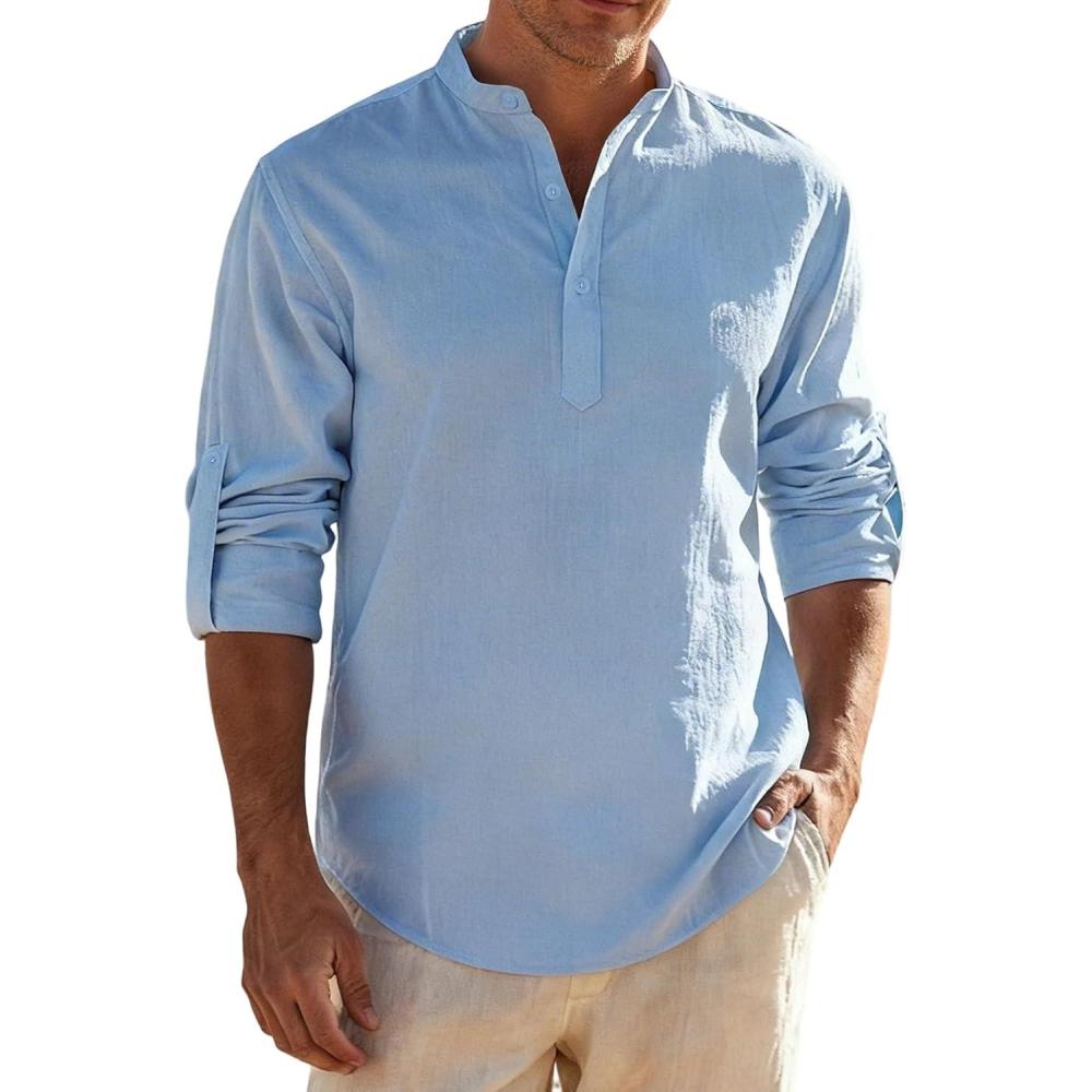 imageJEMITOP Mens Stretch LinenLike Henley Shirt Casual Long Sleeve Mandarin Collar Shirts for Summer Beach VacationLight Blue