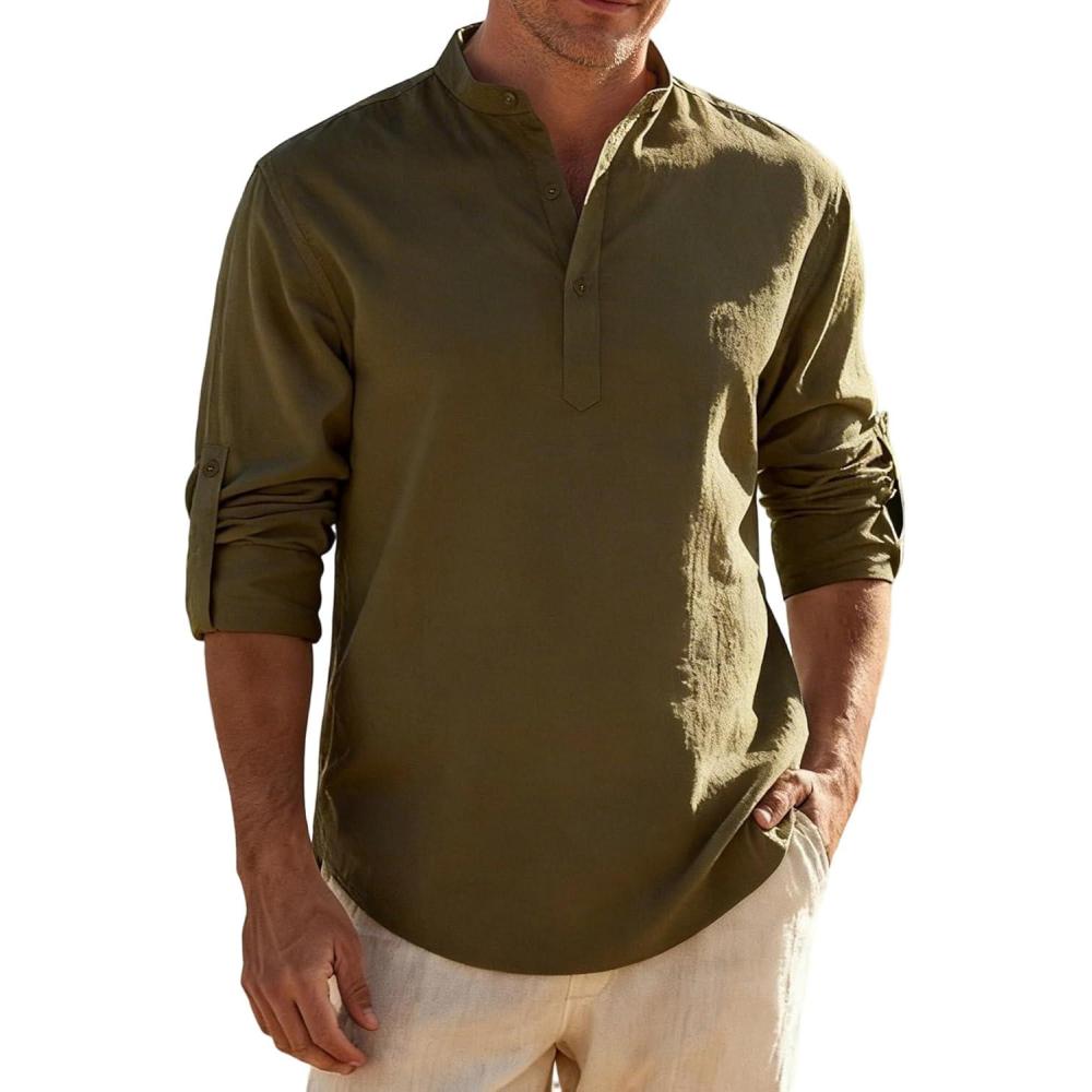imageJEMITOP Mens Stretch LinenLike Henley Shirt Casual Long Sleeve Mandarin Collar Shirts for Summer Beach VacationLight Coffee