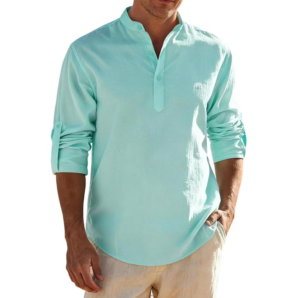 imageJEMITOP Mens Stretch LinenLike Henley Shirt Casual Long Sleeve Mandarin Collar Shirts for Summer Beach VacationMint Green