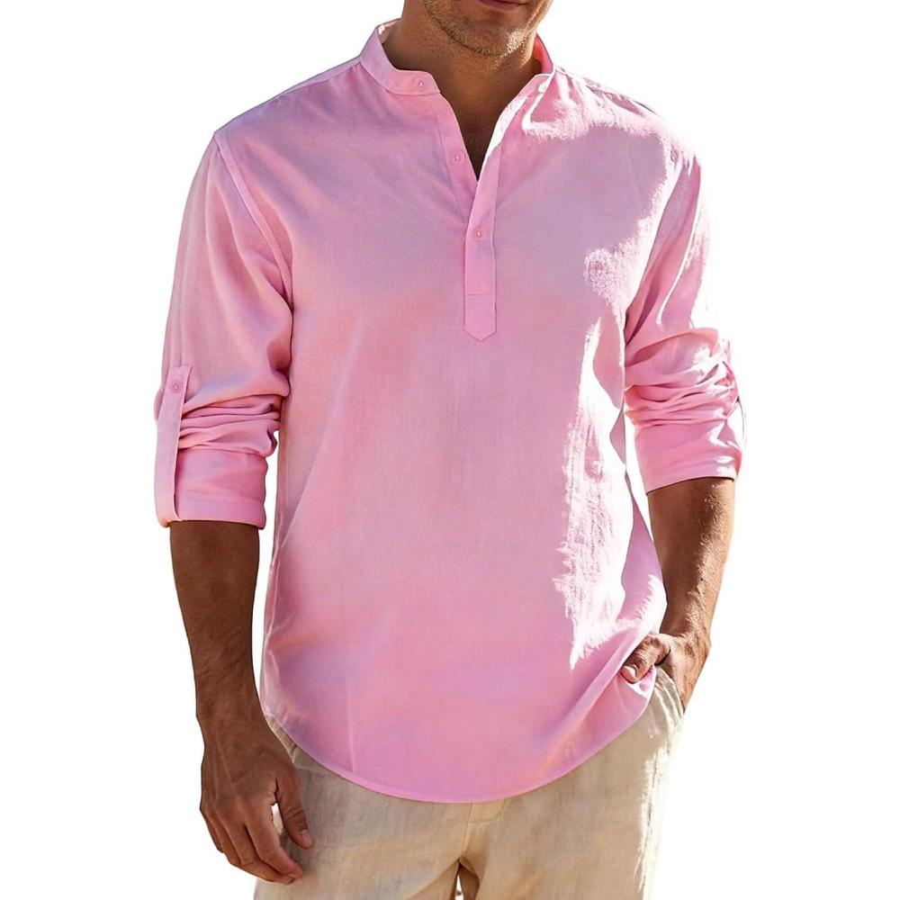 imageJEMITOP Mens Stretch LinenLike Henley Shirt Casual Long Sleeve Mandarin Collar Shirts for Summer Beach VacationPink