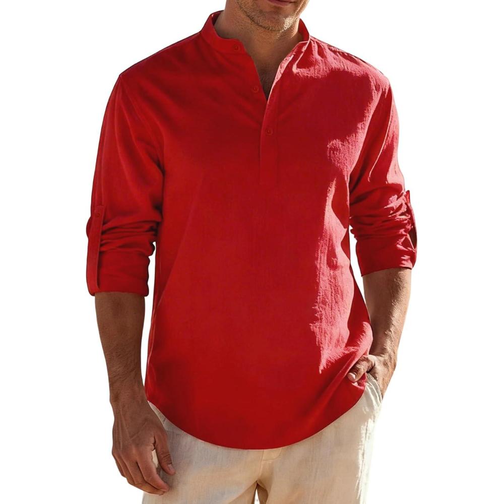 imageJEMITOP Mens Stretch LinenLike Henley Shirt Casual Long Sleeve Mandarin Collar Shirts for Summer Beach VacationRed