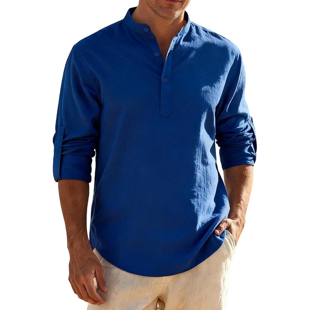 imageJEMITOP Mens Stretch LinenLike Henley Shirt Casual Long Sleeve Mandarin Collar Shirts for Summer Beach VacationRoyal Blue