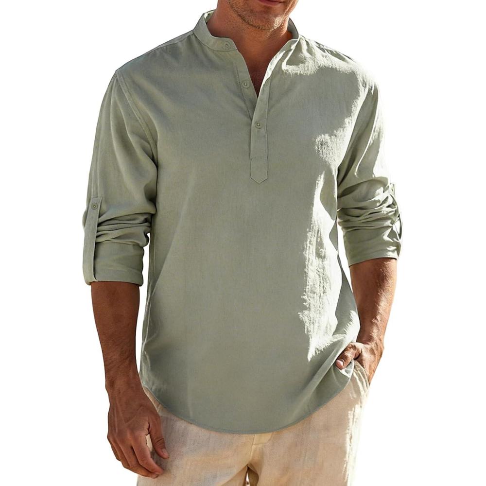 imageJEMITOP Mens Stretch LinenLike Henley Shirt Casual Long Sleeve Mandarin Collar Shirts for Summer Beach VacationSage Green