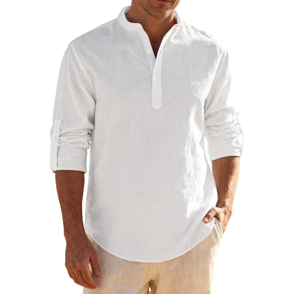 imageJEMITOP Mens Stretch LinenLike Henley Shirt Casual Long Sleeve Mandarin Collar Shirts for Summer Beach VacationWhite