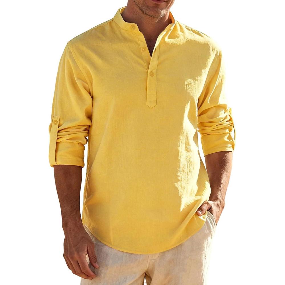 imageJEMITOP Mens Stretch LinenLike Henley Shirt Casual Long Sleeve Mandarin Collar Shirts for Summer Beach VacationYellow