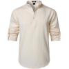 JEMITOP Mens Stretch Linen-Like Henley Shirt Casual Long Sleeve Mandarin Collar Shirts for Summer Beach Vacation(Beige)