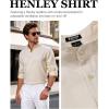 JEMITOP Mens Stretch Linen-Like Henley Shirt Casual Long Sleeve Mandarin Collar Shirts for Summer Beach Vacation(Beige)