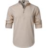 JEMITOP Mens Stretch Linen-Like Henley Shirt Casual Long Sleeve Mandarin Collar Shirts for Summer Beach Vacation(Khaki)