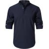 JEMITOP Mens Stretch Linen-Like Henley Shirt Casual Long Sleeve Mandarin Collar Shirts for Summer Beach Vacation(Navy Blue)