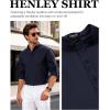 JEMITOP Mens Stretch Linen-Like Henley Shirt Casual Long Sleeve Mandarin Collar Shirts for Summer Beach Vacation(Navy Blue)