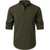 JEMITOP Mens Stretch Linen-Like Henley Shirt Casual Long Sleeve Mandarin Collar Shirts for Summer Beach Vacation(Olive Green)