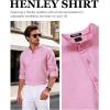 JEMITOP Mens Stretch Linen-Like Henley Shirt Casual Long Sleeve Mandarin Collar Shirts for Summer Beach Vacation(Pink)