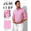 JEMITOP Mens Stretch Linen-Like Henley Shirt Casual Long Sleeve Mandarin Collar Shirts for Summer Beach Vacation(Pink)