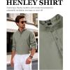 JEMITOP Mens Stretch Linen-Like Henley Shirt Casual Long Sleeve Mandarin Collar Shirts for Summer Beach Vacation(Sage Green)