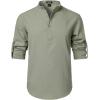 JEMITOP Mens Stretch Linen-Like Henley Shirt Casual Long Sleeve Mandarin Collar Shirts for Summer Beach Vacation(Sage Green)