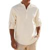 JEMITOP Mens Stretch Linen-Like Henley Shirt Casual Long Sleeve Mandarin Collar Shirts for Summer Beach Vacation(Beige)
