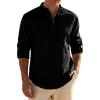 JEMITOP Mens Stretch Linen-Like Henley Shirt Casual Long Sleeve Mandarin Collar Shirts for Summer Beach Vacation(Black)