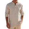 JEMITOP Mens Stretch Linen-Like Henley Shirt Casual Long Sleeve Mandarin Collar Shirts for Summer Beach Vacation(Khaki)