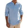 JEMITOP Mens Stretch Linen-Like Henley Shirt Casual Long Sleeve Mandarin Collar Shirts for Summer Beach Vacation(Light Blue)