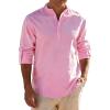 JEMITOP Mens Stretch Linen-Like Henley Shirt Casual Long Sleeve Mandarin Collar Shirts for Summer Beach Vacation(Pink)