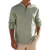 JEMITOP Mens Stretch Linen-Like Henley Shirt Casual Long Sleeve Mandarin Collar Shirts for Summer Beach Vacation(Sage Green)