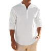 JEMITOP Mens Stretch Linen-Like Henley Shirt Casual Long Sleeve Mandarin Collar Shirts for Summer Beach Vacation(White)