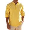 JEMITOP Mens Stretch Linen-Like Henley Shirt Casual Long Sleeve Mandarin Collar Shirts for Summer Beach Vacation(Yellow)