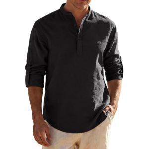 JEMITOP Mens Stretch Linen-Like Henley Shirt Casual Long Sleeve Mandarin Collar Shirts for Summer Beach Vacation(Dark Grey)