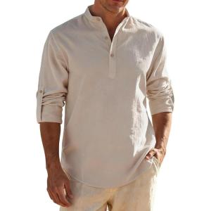 JEMITOP Mens Stretch Linen-Like Henley Shirt Casual Long Sleeve Mandarin Collar Shirts for Summer Beach Vacation(Khaki)