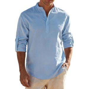 JEMITOP Mens Stretch Linen-Like Henley Shirt Casual Long Sleeve Mandarin Collar Shirts for Summer Beach Vacation(Light Blue)