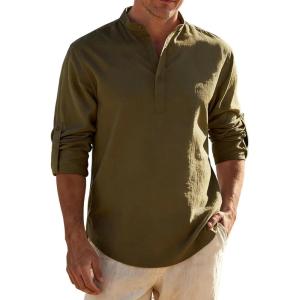 JEMITOP Mens Stretch Linen-Like Henley Shirt Casual Long Sleeve Mandarin Collar Shirts for Summer Beach Vacation(Light Coffee)