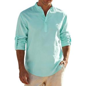 JEMITOP Mens Stretch Linen-Like Henley Shirt Casual Long Sleeve Mandarin Collar Shirts for Summer Beach Vacation(Mint Green)
