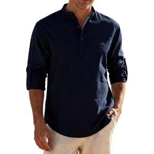 JEMITOP Mens Stretch Linen-Like Henley Shirt Casual Long Sleeve Mandarin Collar Shirts for Summer Beach Vacation(Navy Blue)