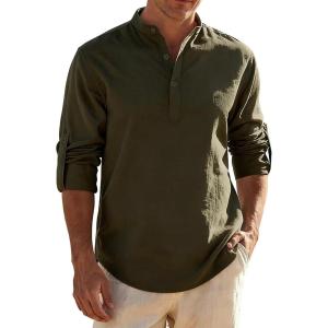 JEMITOP Mens Stretch Linen-Like Henley Shirt Casual Long Sleeve Mandarin Collar Shirts for Summer Beach Vacation(Olive Green)