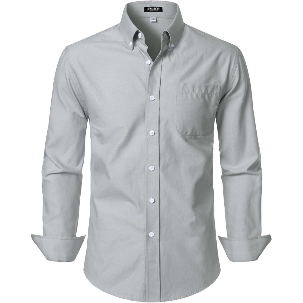 imageJEMITOP Mens Classic Lightweight Oxford Button Down Collar Shirts Business Casual Long Sleeve Dress Shirt with PocketLight Grey