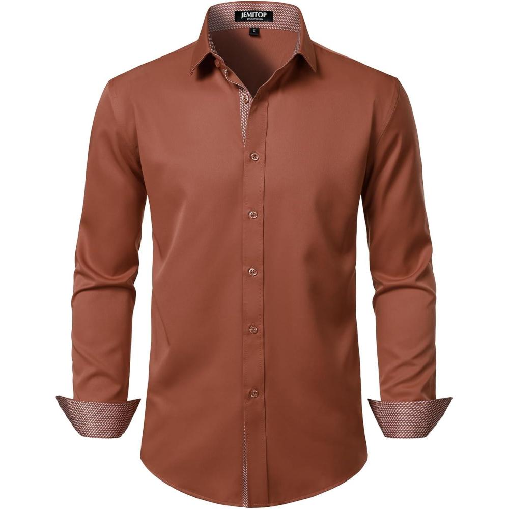 imageJEMITOP Mens Stretch MultiUse Long Sleeve Dress Shirts Party Prom Wedding Shirts with Slight SheenBurnt Orange