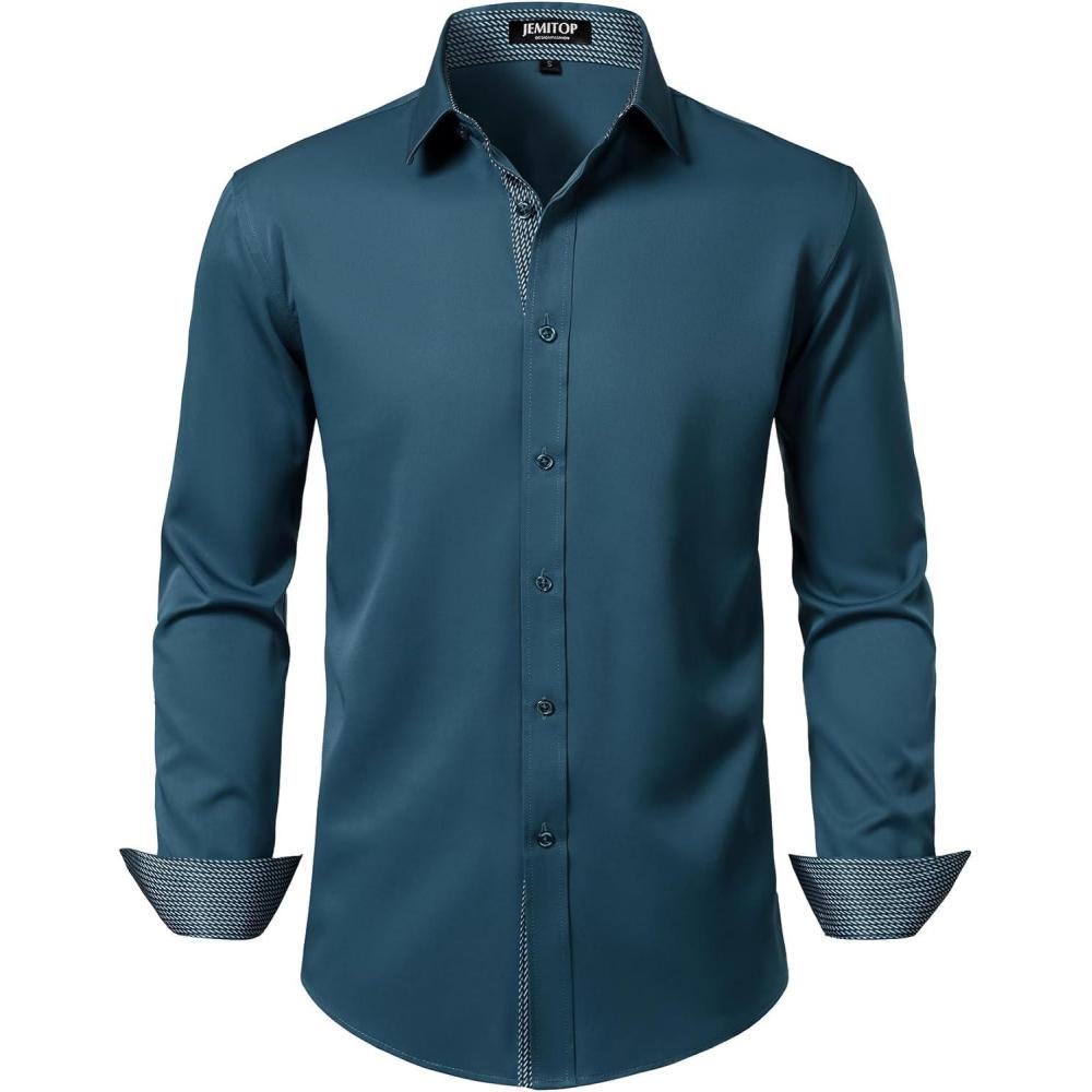 imageJEMITOP Mens Stretch MultiUse Long Sleeve Dress Shirts Party Prom Wedding Shirts with Slight SheenDark Blue
