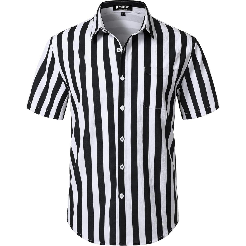imageJEMITOP Mens Stretch Wrinkle Free Short Sleeve Texture Shirt Lightweight Summer Button Down Shirts for Beach VacationWhite Black Striped