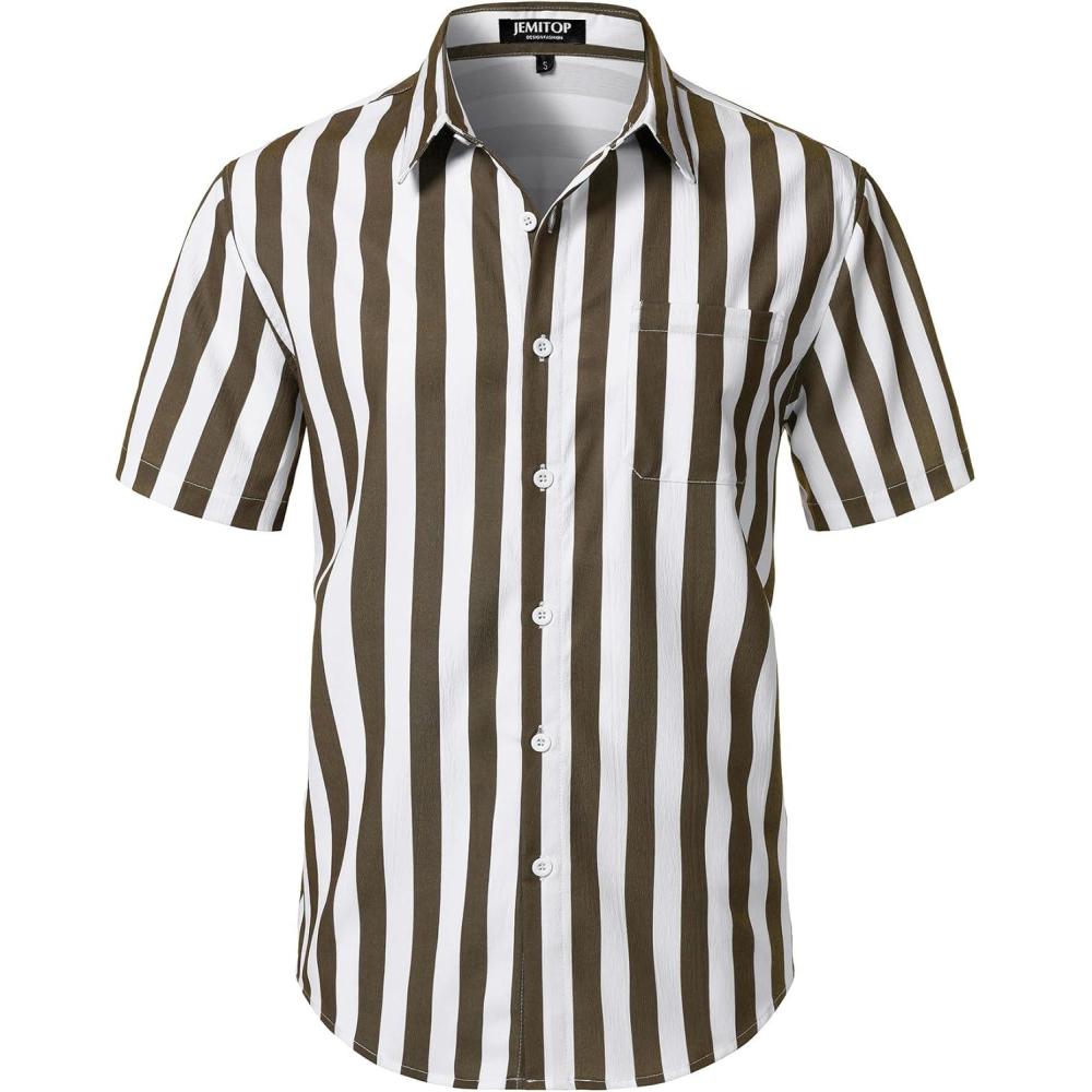 imageJEMITOP Mens Stretch Wrinkle Free Short Sleeve Texture Shirt Lightweight Summer Button Down Shirts for Beach VacationWhite Brown Striped