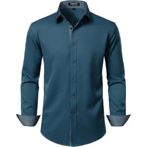 JEMITOP Men’s Stretch Multi-Use Long Sleeve Dress Shirts Party Prom Wedding Shirts with Slight Sheen(Dark Blue)