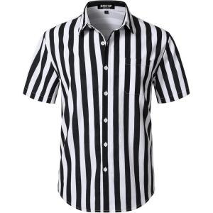 JEMITOP Men’s Stretch Wrinkle Free Short Sleeve Texture Shirt Lightweight Summer Button Down Shirts for Beach Vacation(White Black Striped)