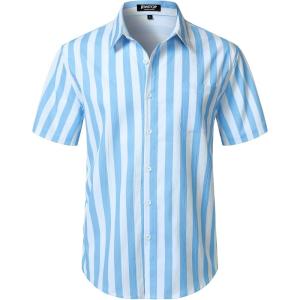 JEMITOP Men’s Stretch Wrinkle Free Short Sleeve Texture Shirt Lightweight Summer Button Down Shirts for Beach Vacation(White Blue Striped)