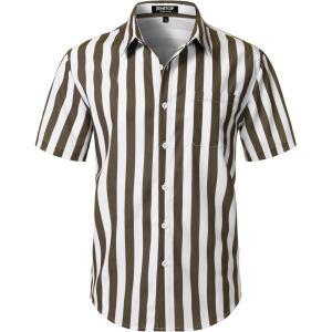 JEMITOP Men’s Stretch Wrinkle Free Short Sleeve Texture Shirt Lightweight Summer Button Down Shirts for Beach Vacation(White Brown Striped)